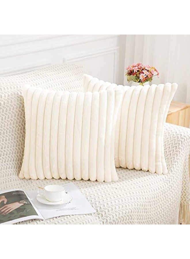 SaharaEG Throw Pillow Covers 45x45 cm Set of 2, Double-Sided Luxury Soft Fluffy Striped Decorative Cushion Covers for Sofa, Couch & Living Room – Creamy White - Image 1